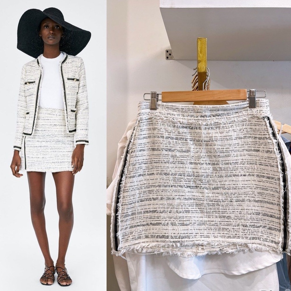 Zara Basic Tweed Mini Skirt XS‎ White Black Striped Bouclé Textured NWT